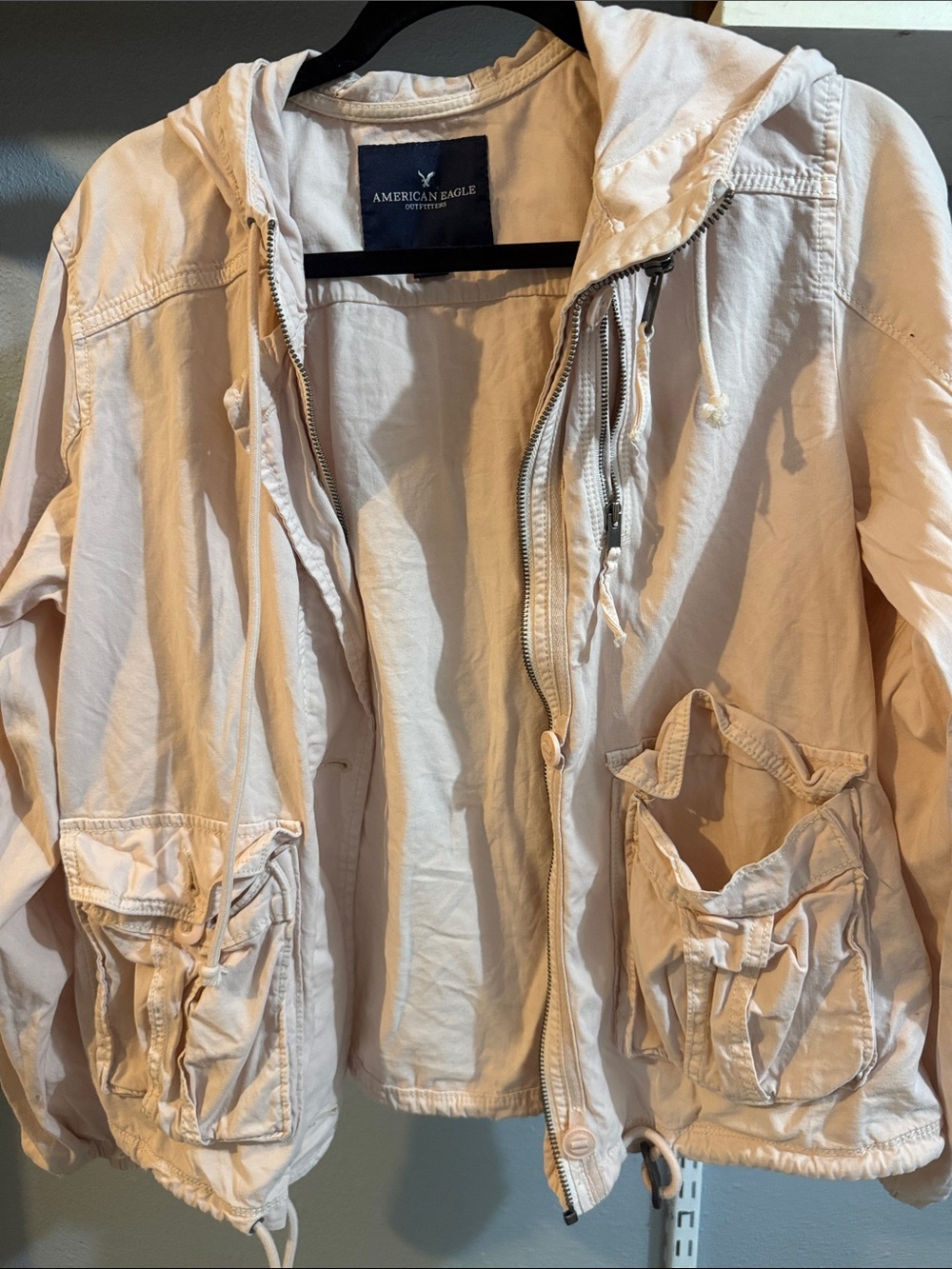 American Eagle Outfitters Beige Jacket with Navy Logo Patch